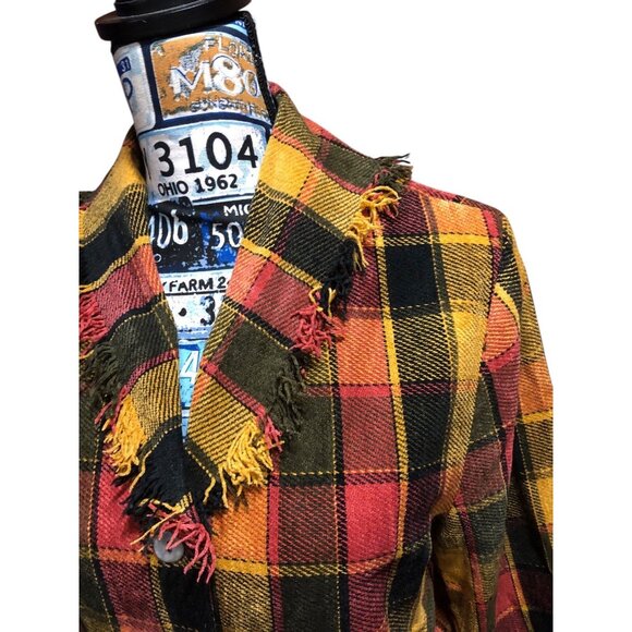 Stonebridge Scarecrow Multi Fall Color Patchwork Fringe Trim Button Blazer Sz M - Picture 9 of 16